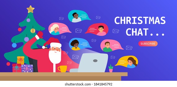 christmas chat santa claus using laptop at home online video conference in social media with children 