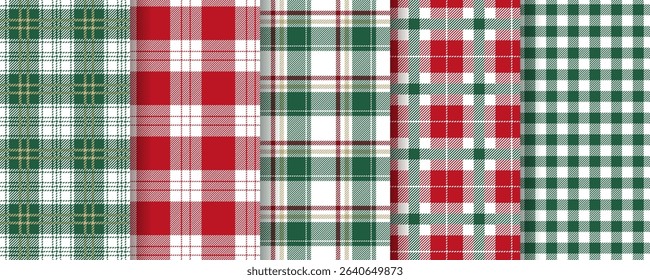 Christmas check background. Tartan seamless pattern. Set green red fabrics. Plaid gingham textures. Flannel shirt textile. Vichy lumberjack prints. Buffalo checkered backdrops. Vector illustration