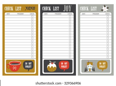 Christmas check list. Cards for notes, education and notes with Christmas illustrations. Template for scrapbooking, wrapping, congratulations, invitations.