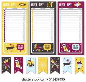 Christmas Check List And Page Flags. Cards For Notes, Education And Notes With Christmas Illustrations. Template For Scrapbooking, Wrapping, Congratulations, Invitations.