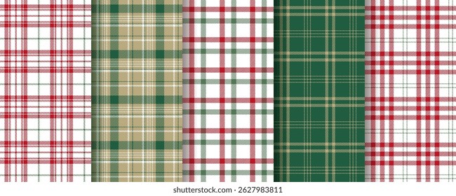 Christmas check pattern. Plaid seamless background. Tartan shirt cloth. Set red green prints. Lumberjack tablecloth. Flannel texture. Geometric Vichy textile. Gingham backdrops. Vector illustration