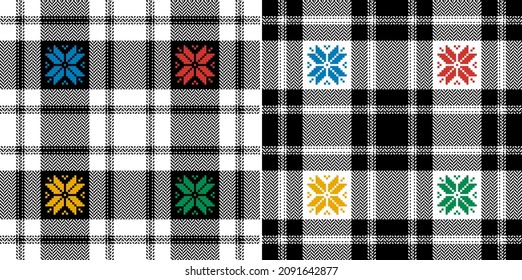 Christmas check plaid pattern. Multicolored nordic tartan set with fair isle snowflakes in black, white, red, green, yellow, blue. Seamless herringbone pixel vector for flannel shirt, blanket, duvet.