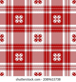 Christmas check plaid pattern with nordic snowflakes in red and white for tablecloth, blanket, duvet cover. Seamless herringbone tartan check for modern winter fashion fabric design.