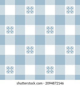 Christmas check plaid pattern with nordic snowflakes in light blue and white for tablecloth, blanket, duvet cover, scarf, flannel shirt. Seamless herringbone tartan for modern winter fabric design.