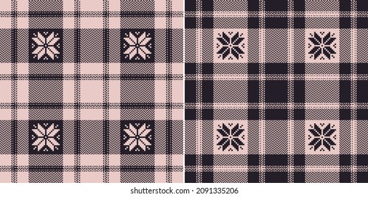 Christmas check plaid pattern in powder pink and black. Seamless fair isle tartan set with nordic snowflakes for flannel shirt, blanket, duvet cover, scarf, other modern winter holiday fabric print.