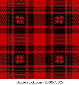 Christmas check plaid pattern in red and black with nordic snowflakes for flannel shirt, blanket, duvet cover, tablecloth. Seamless bright tartan vector for modern winter holiday fashion fabric print.