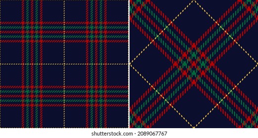 Christmas check plaid pattern for winter holiday prints. Seamless multicolored dark tartan vector in red, green, yellow, navy blue for flannel shirt, skirt, gift paper, other fashion textile design.