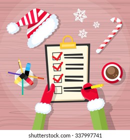 Christmas Check Present Wish List Santa Clause Helper Elf Hand Writing Pen Desk Flat Vector Illustration