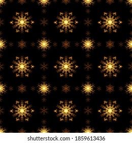 Verificación navideña sin fisuras con copos de nieve y chispas. Dorado brillante fondo oscuro para textil, papel de envoltura de vacaciones, scrapbooking, web e impresión