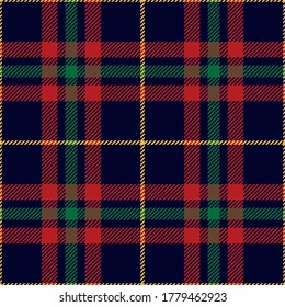 Christmas check textile pattern in red, green, blue, yellow. Seamless dark multicolored New Year plaid for skirt, flannel shirt, tablecloth, or other modern winter holiday textile print.