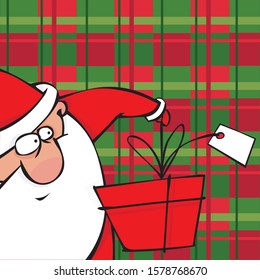 Christmas checkered background with Santa and gift.