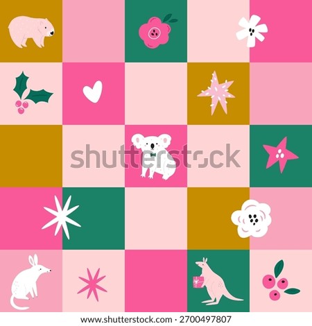 Christmas checkered pattern with Australian animals koala wombat and kangaroo. Vector illustration