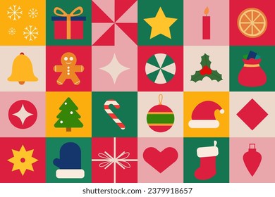 Christmas checkered pattern with geometric shapes, ornaments and holiday icons. Colorful flat design vector illustration.