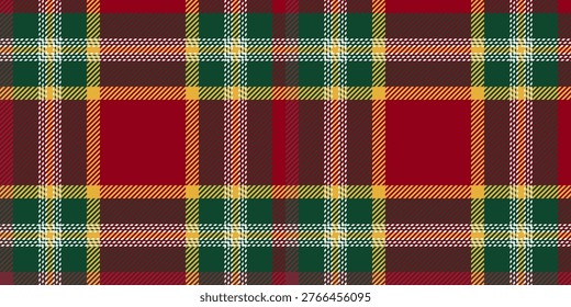 Christmas checkered pattern in red and green tones with geometric lines, festive motif and gold stripes