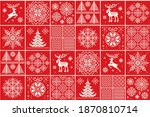 Christmas Checkered Pixel Pattern with a Winter Holiday Symbols.  Reindeer, Elk, Christmas Trees and Snowflakes Ornaments. Scheme for Knitted Sweater Pattern Design. Patchwork Quilt Imitation
