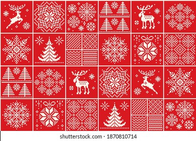 Weihnachten Scheckte Pixelmuster mit Winterurlaubssymbolen.  Rentiere, Elche, Weihnachtsbäume und Schneeflocken. Schema für gegossene Pullover-Muster. Patchwork-Quilt-Imitation