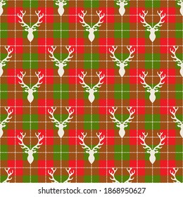 Christmas checkered plaid seamless pattern. Reindeer hunting plaid background in red and green