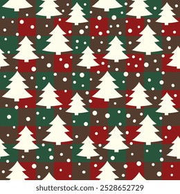 Christmas checkered plaid seamless pattern. Winter holidays quilt, tartan fabric texture background with Christmas trees.