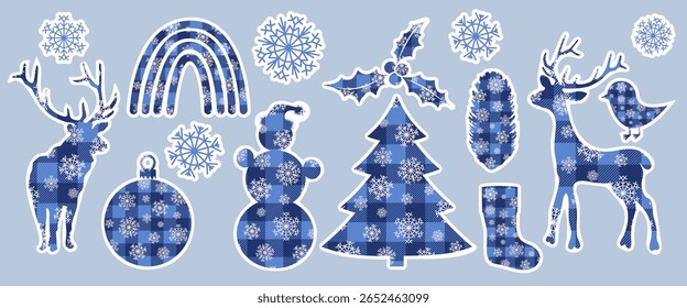 Christmas checkered plaid stickers. Christmas tree, bauble, snowman, reindeer, holly berries, rainbow, pine cone, sock, bird and snowflakes on buffalo plaid quilt, tartan fabric texture background.