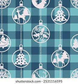 Christmas checkered plaid vector seamless pattern. Winter holidays buffalo plaid quilt with bauble stencils. Christmas tartan fabric texture background.