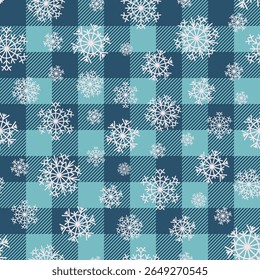 Natal xadrez vetor xadrez padrão sem costura. Férias de inverno azul bufalo xadrez colcha com flocos de neve brancos. Fundo de textura de tecido de tartan de Natal.