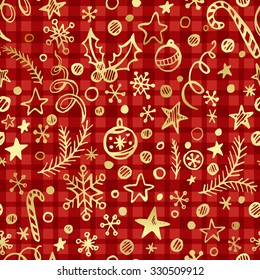 Christmas checkered seamless pattern with golden decoration. Vector illustration EPS 10
