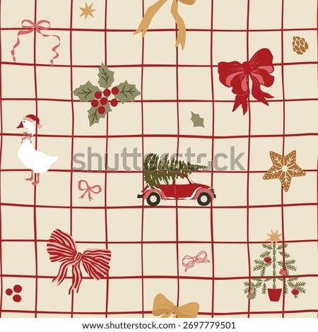 Christmas checkered seamless pattern with vintage winter holiday elements - car, tree, goose, bows. Cozy cottagecore plaid, blanket, tablecloth, tartan textile design, gingham repeat background Vector