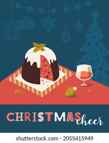 Christmas Cheer fancy holiday vector poster. Christmas pudding, wine on festive table cartoon illustration. Holiday season celebrtion vintage design element. Seasonal greeting background template