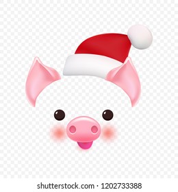 Christmas cheerful pig mask with eyes, cheeks, snout and mouth isolated on transparent background. Vector illustration.