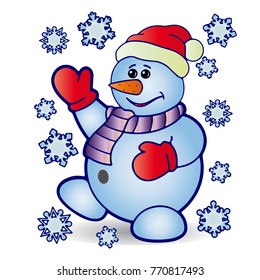 Christmas cheerful snowman and around fly snowflakes, cartoon on white background, vector