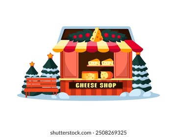 Christmas Cheese Delicacies Kiosk, New Year holidays small shop on the market