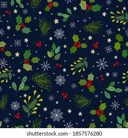 Christmas cherries and leafs,  white snowflakes, with gold stars, flat vector illustration, over dark blue background, seamless pattern	