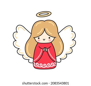 Christmas cherub, angel with halo. Cute girl with wings. Colored flat vector isolated illustration. Cartoon character for pin, print, sticker, patch, badge, postcard.