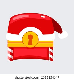 Christmas chest in cartoon style. Red chest in hat