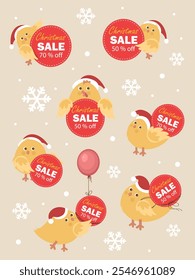 Christmas chickens set with Christmas sale banners.