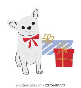 Christmas Chihuahua in hand drawn style. Merry Christmas illustration of cute pet with accessory.  Flat vector illustration isolated on white background