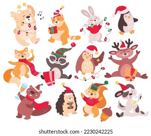 Christmas childish animals flat set. Funny wild animals. Deer, owl, fox, penguin, hedgehog, squirrel and beaver. Domestic cat and dog. Zoo with different animals. Color isolated illustrations