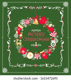 Christmas childish greeting craft card with funny paper cutting wreath with poinsettia, angel, snowman, reindeer, candle, candy, mitten, sock, jingle bell and paper handmade snowflakes 