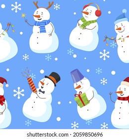 Christmas childish snowman seamless pattern vector flat illustration. Traditional winter character wearing bucket, ear smurfs, festive garland and sparklers with snowflakes wrapped texture wallpaper