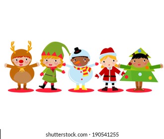 christmas children set with:santa claus, reindeer, snowman and tree