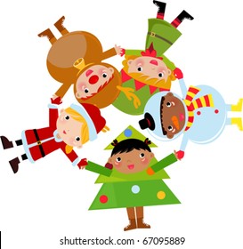christmas children set with:santa claus, reindeer, snowman and tree