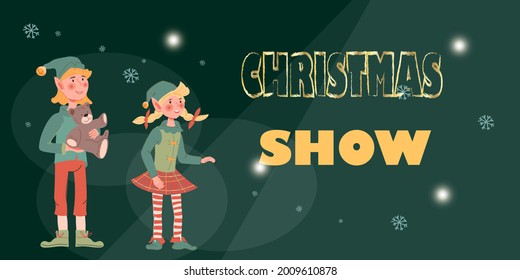 Christmas children show banner template with elf kids, flat vector illustration. Christmas banner mockup or poster design with pixie or dwarfs, cute elves.