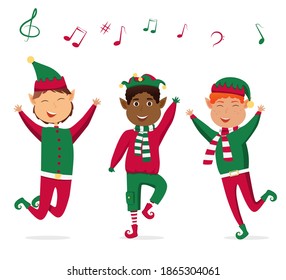 Weihnachtskinder. Kinder singen Weihnachtslieder, Illustration. Weihnachtslieder, Musiknoten auf weißem Hintergrund. Vektorgrafik