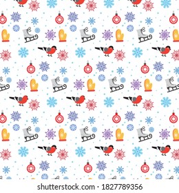 Christmas children's background with a bird with skates and snowflakes with balls