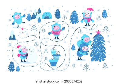 Christmas children's board game maze with cute Yeti. A simple illustration on a white background.