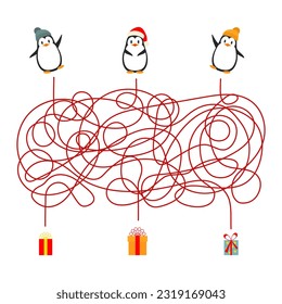 Christmas children's game maze maze or quiz for winter holidays, vector worksheet. Cartoon penguin animals in winter hats to find the way to Christmas gifts in a puzzle game.