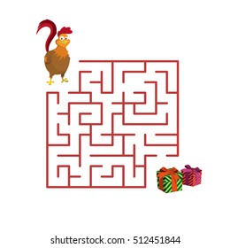 Christmas children's game: rooster in the maze. Help cock to get out of the labyrinth. Vector illustration.