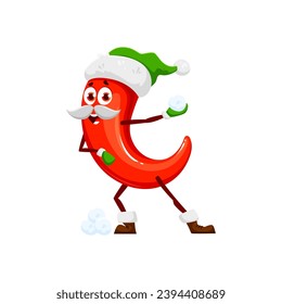 Christmas chili pepper in Santa or elf hat, winter holiday cartoon vegetable, vector character. Funny red pepper playing snowballs in Santa hat and mittens for New Year and Christmas holiday emoji