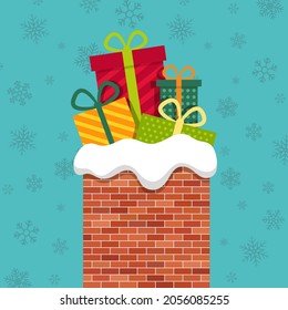 Christmas chimney with gift from santa claus. Xmas poster with roof of house, brick chimney and presents. Card with winter holiday background. Illustration for coming noel. Falling snowflakes. Vector.