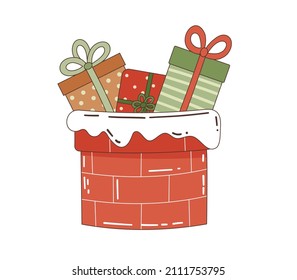  Christmas chimney with gifts from Santa Claus. Brick pipe with gifts. A postcard with a winter holiday background